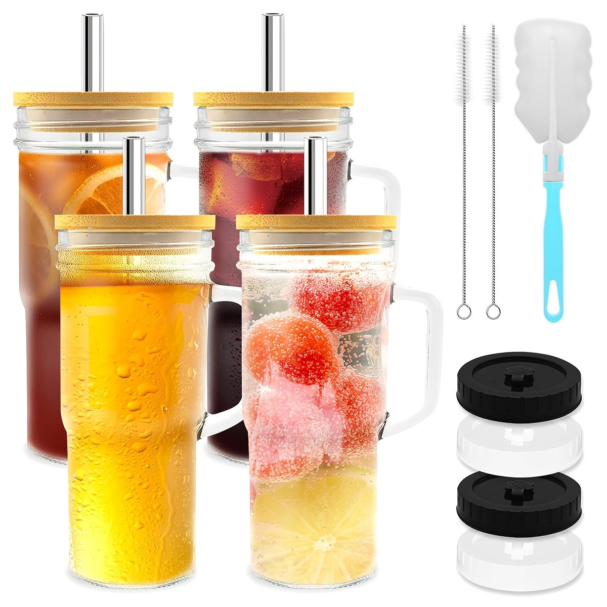 2/4pcs 24oz Glasses with Lids And Straws - Wide Mouth Glasses with Bamboo Lids And Straws, Iced Coffee Mugs, Cold Drink Mugs, Beer Mugs.