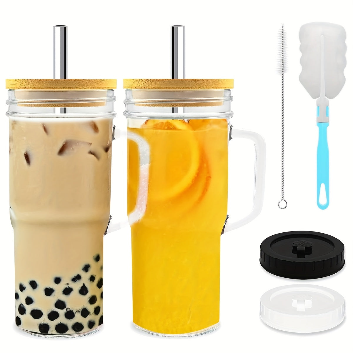 2pcs/4pcs Glass Cups With Lids And Straws, 24 Oz Mason Jar Drinking Glasses Tumbler With Handle, Brush, Reusable Iced Coffee Cups, Boba Tea Smoothie Cups Mother'S Day Gifts