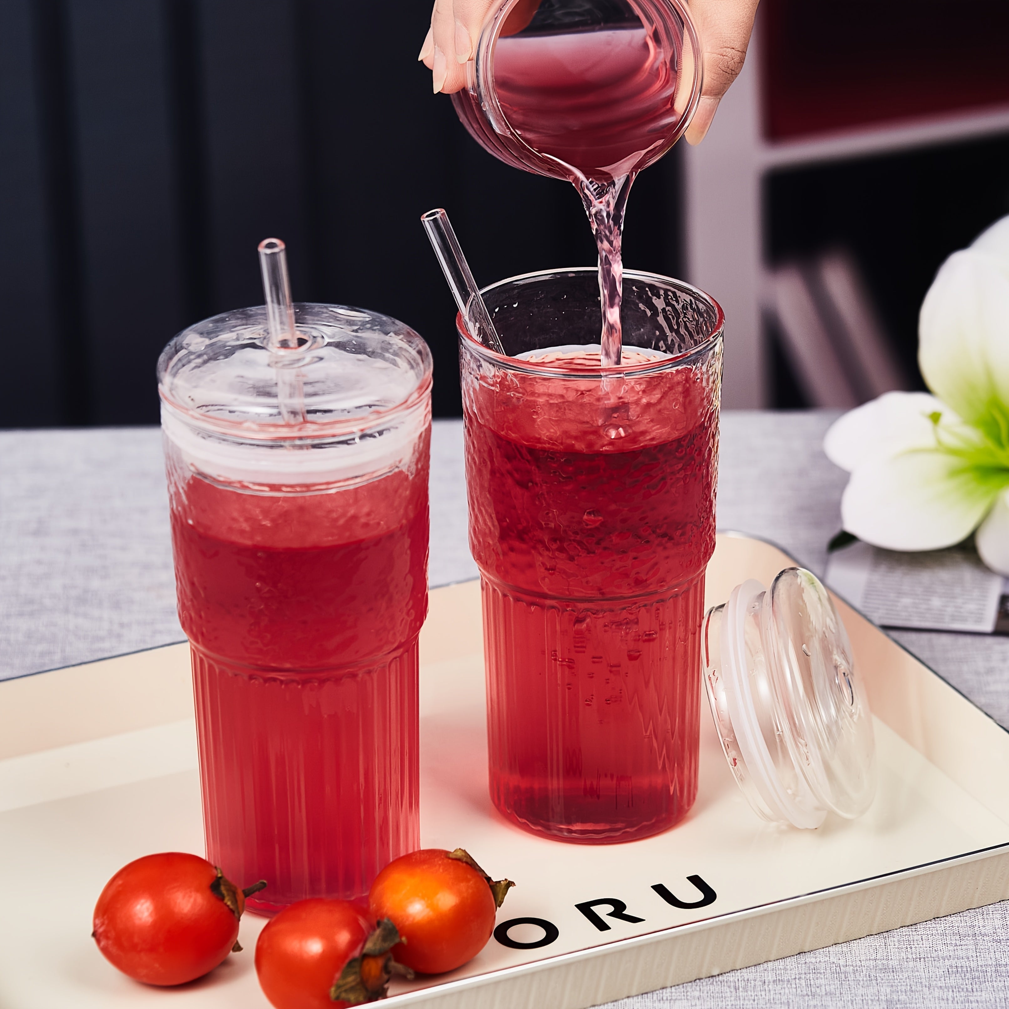 2pcs, 22oz/650ml, with lid, straw and straw brush, retro and modern embossed design, easy to clean, dishwasher safe, reusable glass wide mouth smoothie cup, thick wall Glass ice coffee mug, suitable for cold drinks, hot drinks, tea and other beverages,