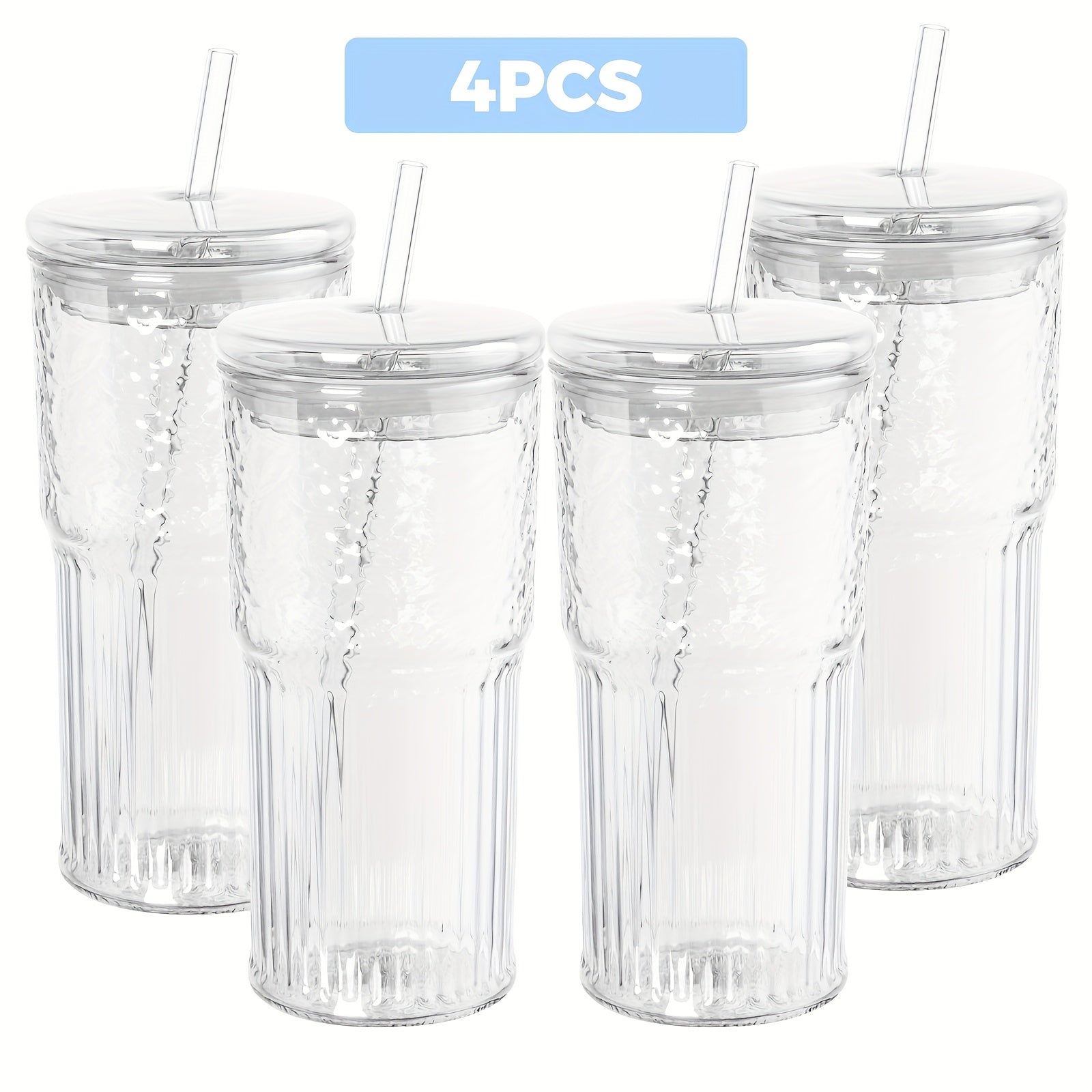 4-Pack High Borosilicate Glass Cup Set With Lids And Straws - 20oz Reusable Iced Coffee Glasses For Juice, Milk, Tea - Durable Drinkware For Home And Gift Use