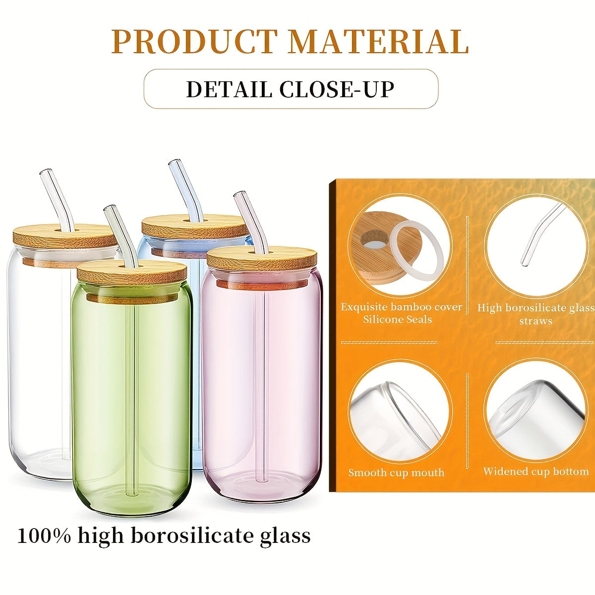4pcs Glass, 16 Oz (approx. 473.2 Ml) Drinking Mug With Bamboo Lid And Glass Straw, Pretty Jar Shaped Glasses For Parties, Great For Delicious Smoothies, Juices, Coffee - 2 Cleaning Brushes