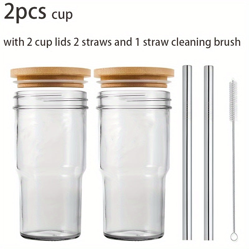2pcs/4pcs Insulated Glass Cup Cold Drink Cup Slush Cold Drink Glass Straw Cup Water Cup Wooden Lid with Cup Cover Straw Straw Cleaner Home Cold Drink Party Beverage Accessories