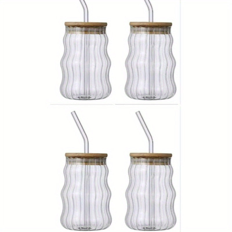 4/6pcs LDQ Ribbed Glass Cups with Straw & Lid - 18oz Wave Design Drinking Glasses for Iced Coffee, Latte, Water, Matcha, Juice - Food-Safe, Leak-Proof, Hand Wash Only, Coffee Accessories, Beverage Serving, Wave Pattern, Natural Style, Hand Wash Safe