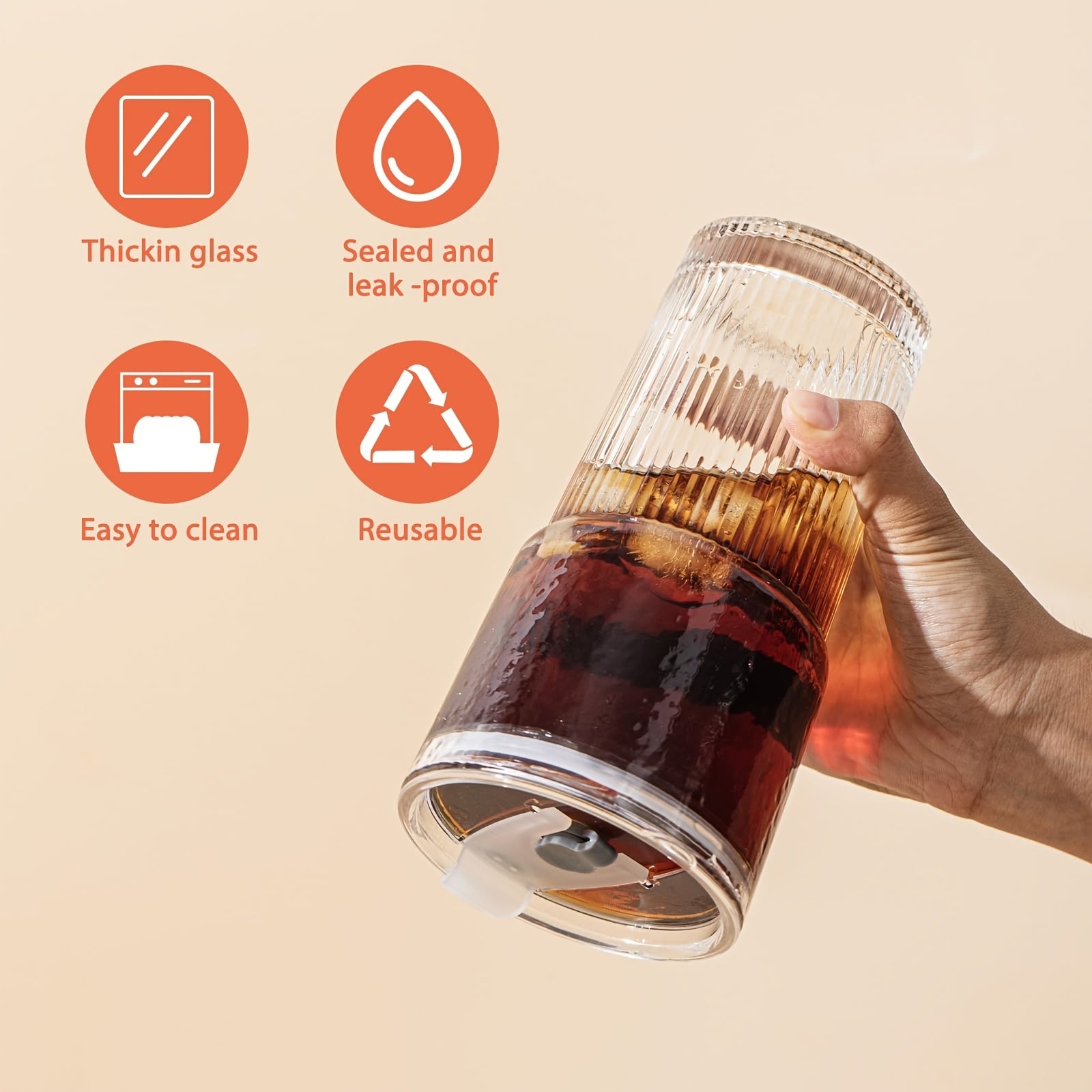 Glasses With Lid And Straw, Set Of 4 - Stylish Ribbed Design Drinking Cups For Iced Coffee Cups, Juices, Smoothies, Cold Drinks, Cleaning Brushes Included, Durable Glassware