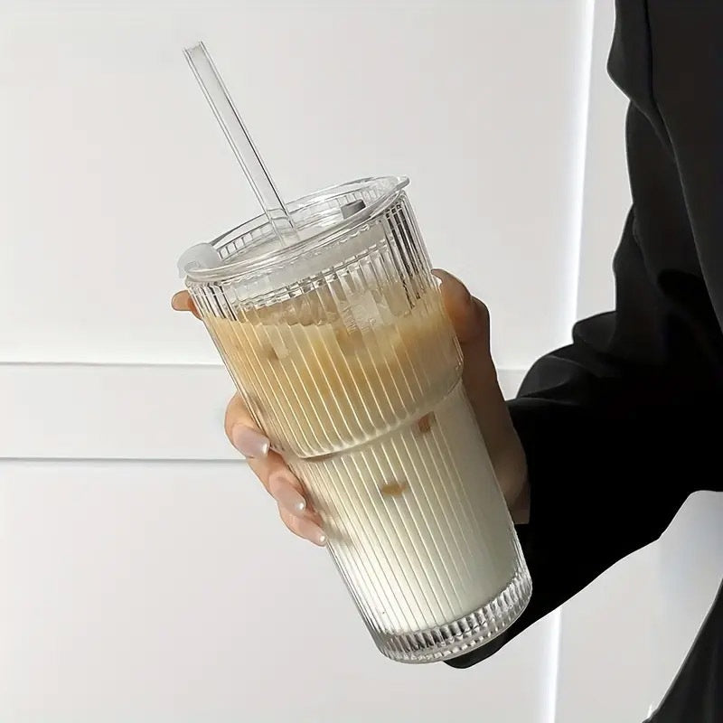 1/2pcs Stylish Striped Glass with Straw And Lid - High-value Glass Holds Approx. 18.6-20.29oz Of Water, Perfect for Coffee, Tea, Iced Milk Americano And Lattes, A Long-lasting Beverage Glass!