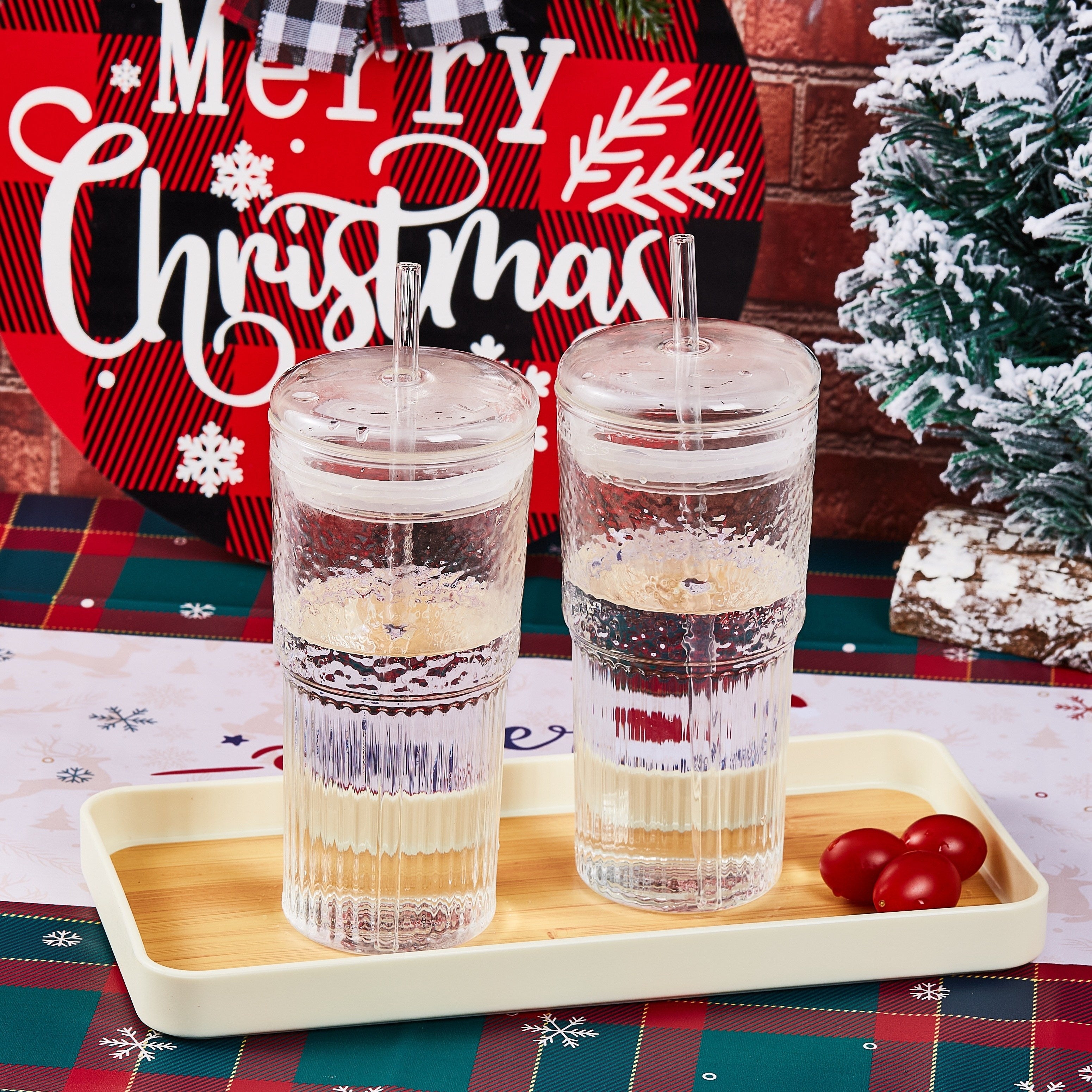 2pcs 20oz High Borosilicate Glass Espresso Cups with Lids, Straws & Brush - Vertical Stripe Design, Perfect for Iced Americano & Latte, High-Quality, Ideal Holiday Gift