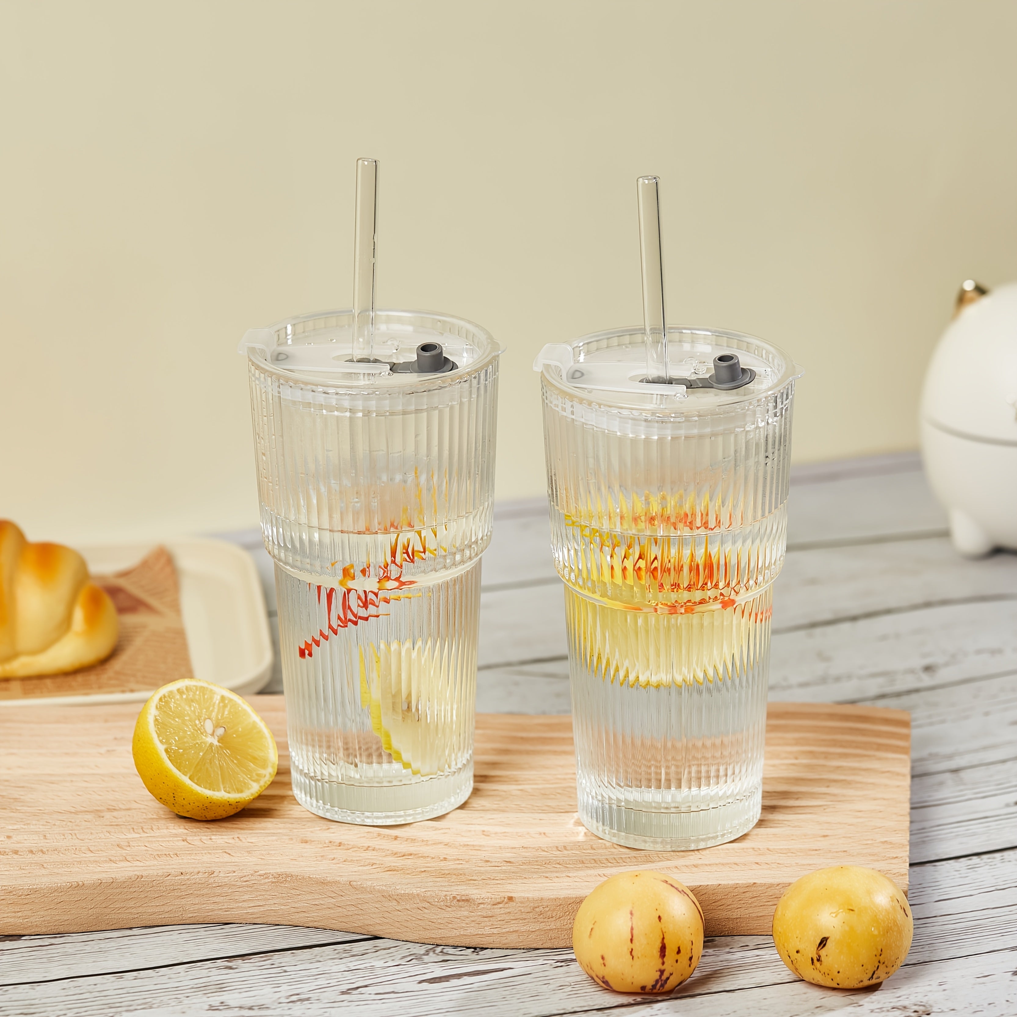 2pcs, 600ml/20oz Large Striped Glass with Lid - Reusable, Suitable for Cold Drinks, Juice, And Coffee - Ideal for Home, Office, And Holiday Gatherings, Perfect for Mother's Day And Easter Gifts.