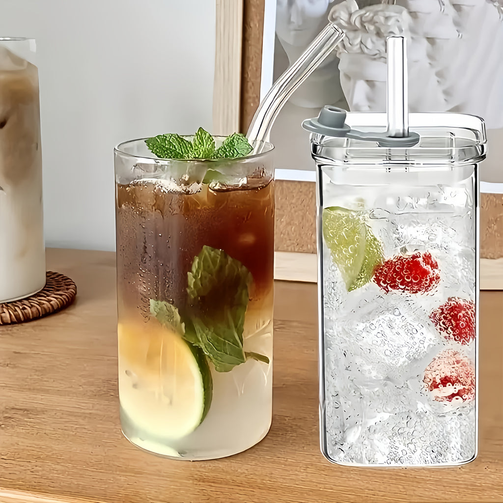 6pcs Square Glass Cups with Lids & Straws - Insulated Reusable Drinking Glasses, Scratch-Resistant Hand-Drawn Geometric Design for Iced Coffee, Cocktails, Office, Parties, Home, School & Outdoor Use - Perfect Father’s Day, Christmas, Mother’s Day Gift