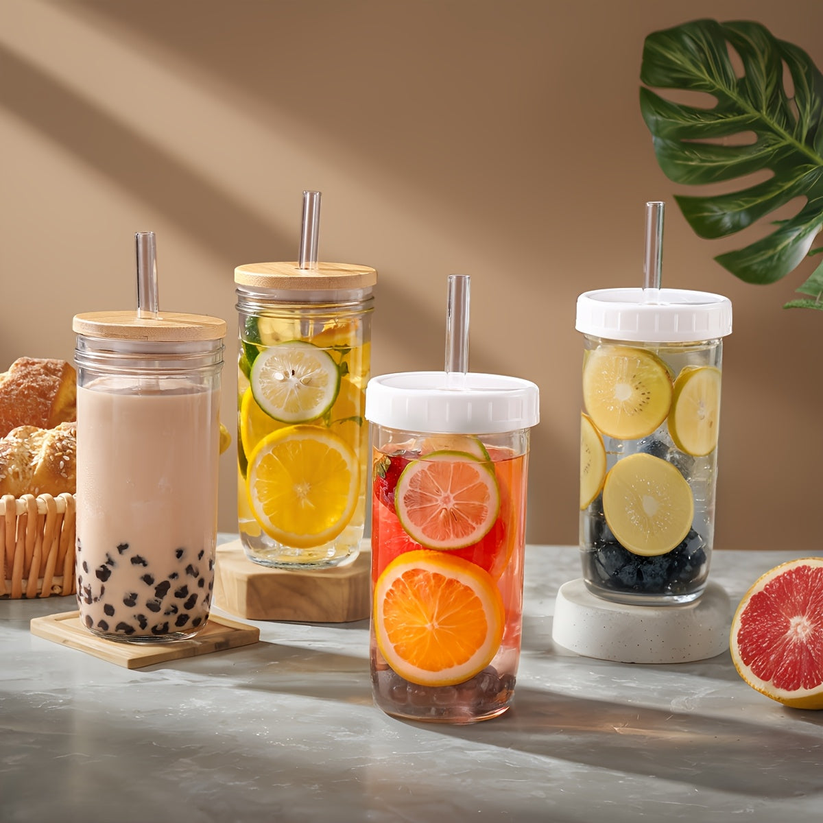 8pcs (4 Cups+4 Lids) Novelty Tableware With Double Lid Design And Glass Straws, Suitable For Yogurt, Tea, Milk, Iced Coffee, Salad As Birthday Gifts For Wives And Mothers, With Straw Cleaning Brush Included