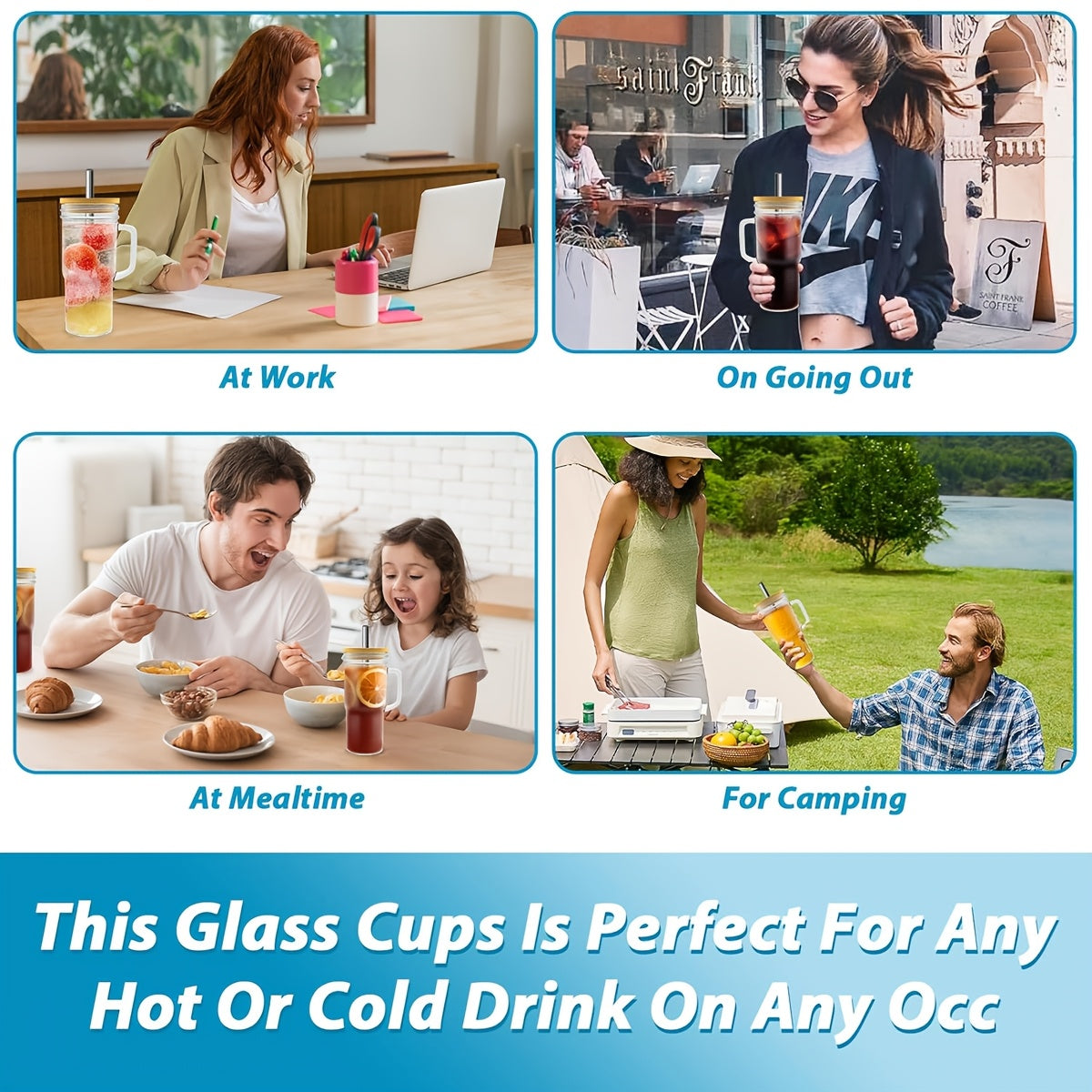 2pcs/4pcs Glass Cups With Lids And Straws, 24 Oz Mason Jar Drinking Glasses Tumbler With Handle, Brush, Reusable Iced Coffee Cups, Boba Tea Smoothie Cups Mother'S Day Gifts