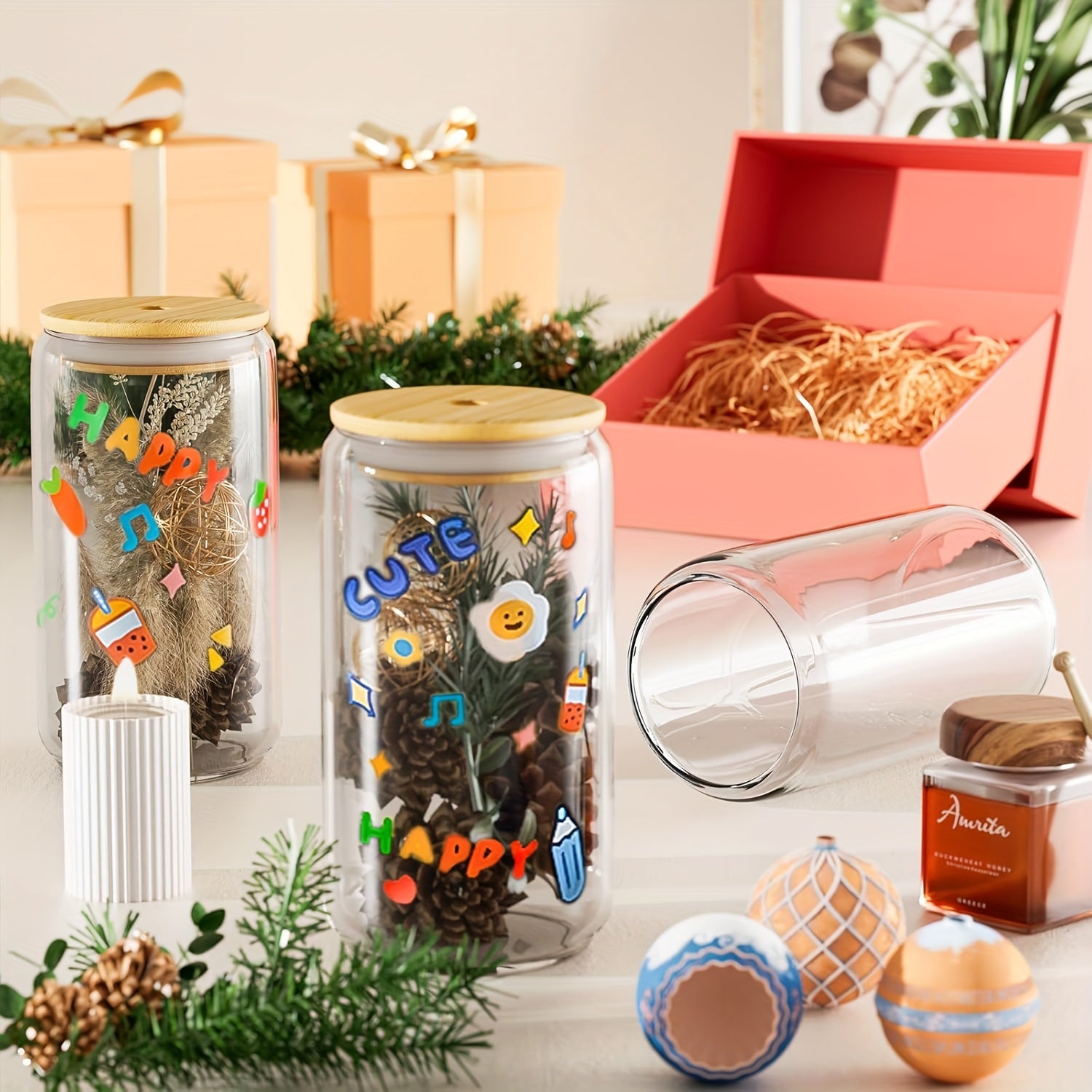 12pcs Glass Set, 16oz Iced Coffee Mug with Bamboo Lid And Glass Straw - Canister Shaped Clear Glass Drink Cups for Smoothies, Boba Tea, Whiskey, And Water In A Cute Non-tipping Glass - 4 Cleaning Brushes.