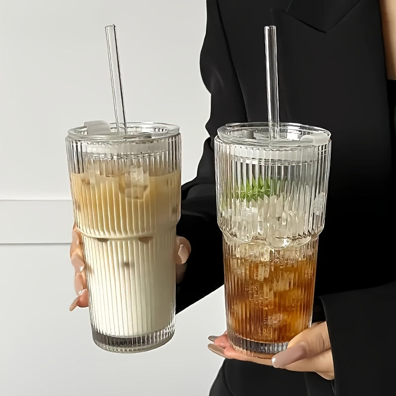 1pc 20.29oz Large Striped Glass Cup with Lid - Insulated, Reusable for Cold Drinks, Juice & Coffee - Ideal for Home, Office, and Holiday Gatherings, Hand Wash Only, Versatile Drinkware | Stylish Drinkware | Insulated Glass Cup