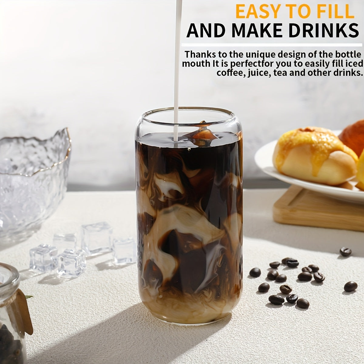 4pcs Glass, 16 Oz (approx. 473.2 Ml) Drinking Mug With Bamboo Lid And Glass Straw, Pretty Jar Shaped Glasses For Parties, Great For Delicious Smoothies, Juices, Coffee - 2 Cleaning Brushes