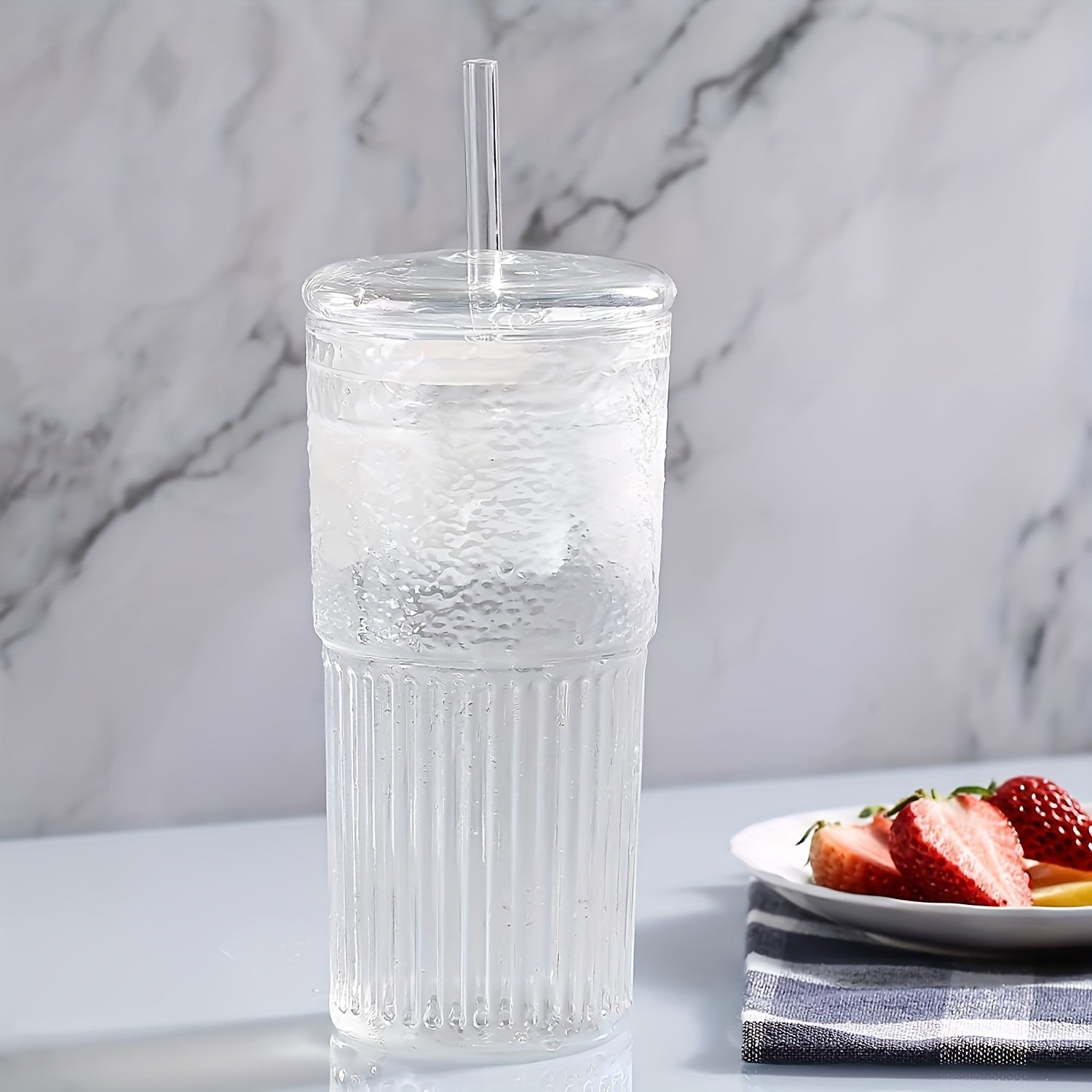2pcs, 22oz/650ml, With Lid, Straw, Straw Brush, Ribbed Glass Cup, Reusable, Wide Mouthed Smoothie Cup, Thick Walled Glass Iced Coffee Cup, Tea Cup, Juice Cup, Also A Great Holiday, Christmas, Anniversary, Housewarming Gift For Family And Friends.