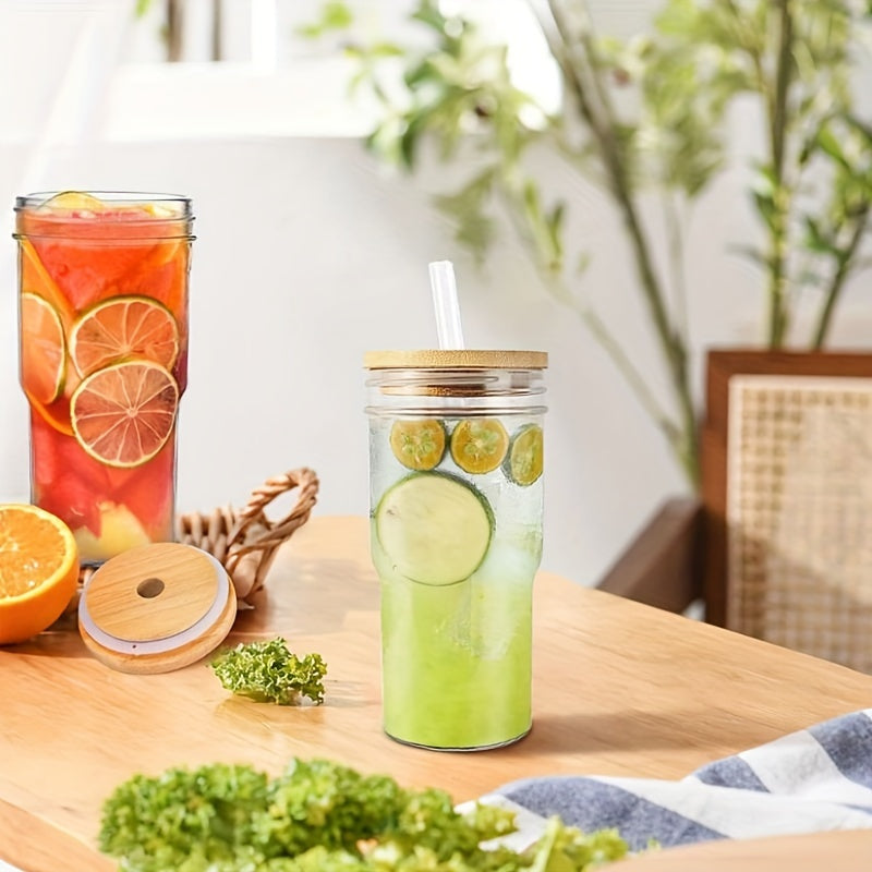 2pcs/4pcs Insulated Glass Cup Cold Drink Cup Slush Cold Drink Glass Straw Cup Water Cup Wooden Lid with Cup Cover Straw Straw Cleaner Home Cold Drink Party Beverage Accessories