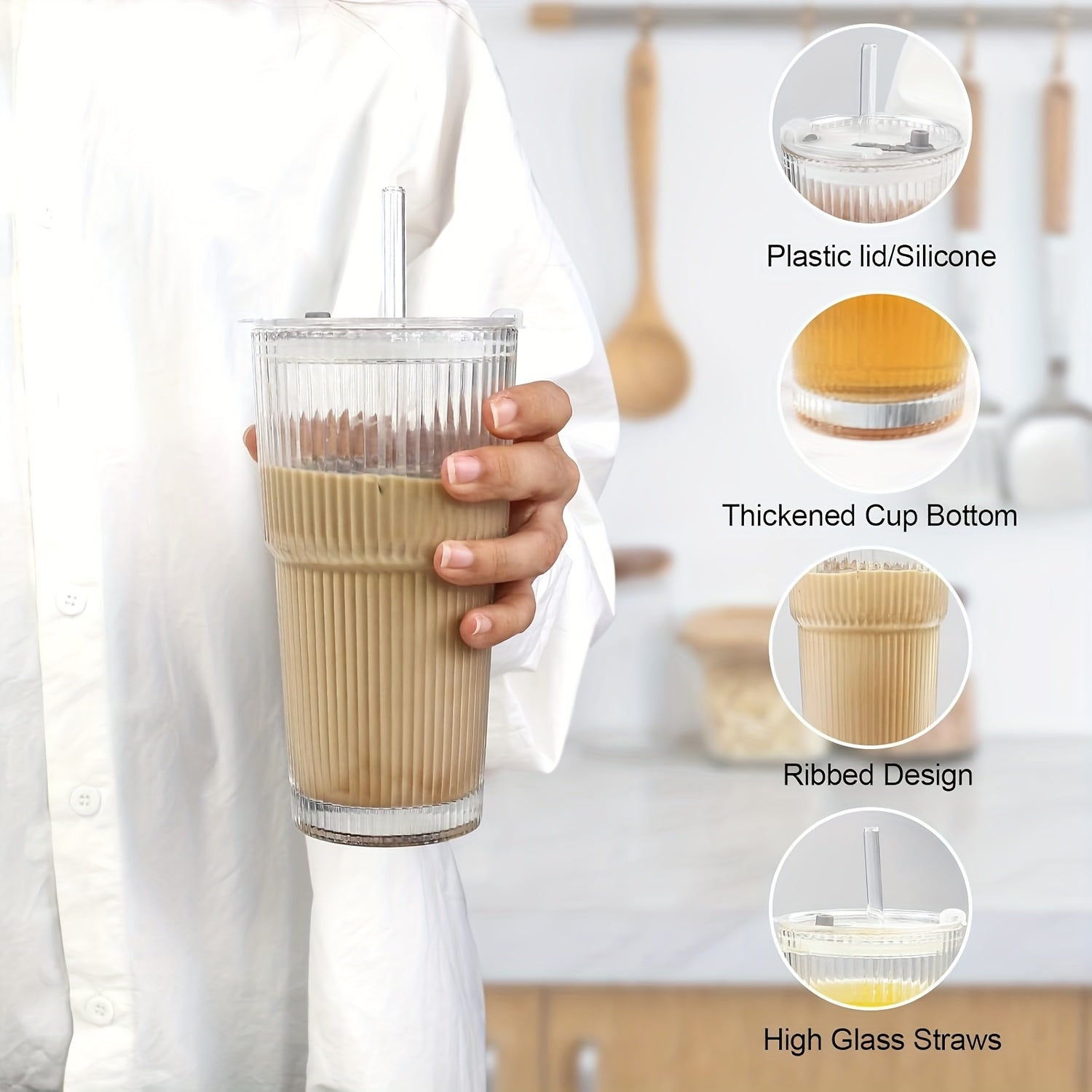 2/4pcs Vintage Clear Striped Glass Drink Container With Sealed Lid Inverted Leak Proof, Easy To Carry, Glass Mug With Straw, Thickened Insulated Glasses