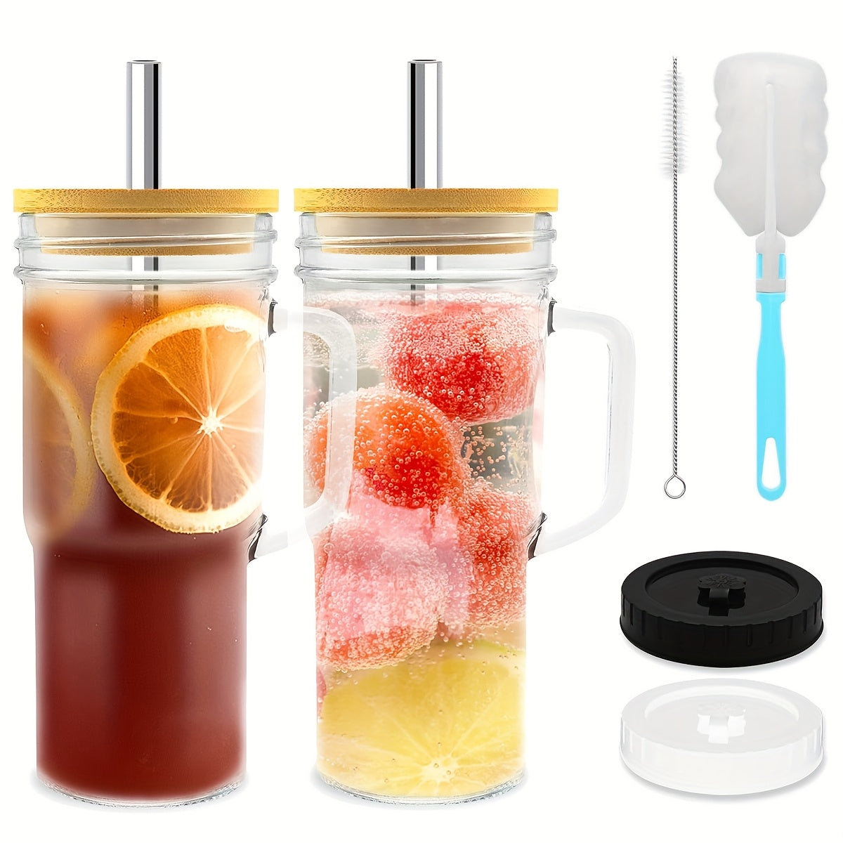 2/4pcs Glasses with Lids And Straws 24oz/700ml Mason Jar Beverage Mugs with handles Straw Brush Cup Brush for Iced Tea Or Coffee, Christmas, Halloween, Gift Mugs, Best for Christmas
