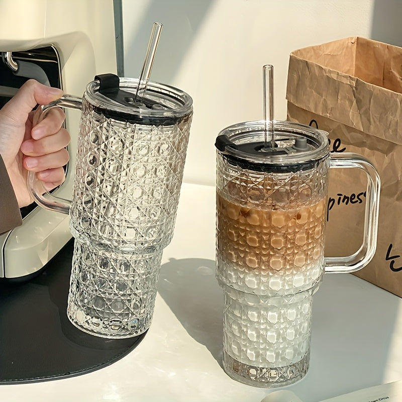 1pc 530ml/18oz Large Capacity Straw Cup with Lid, Stylish INS-Style Summer Iced Coffee Glass Tumbler, Reusable Drinking Cup for Coffee, Tea, Whiskey, Milk, Iced Americano & Latte