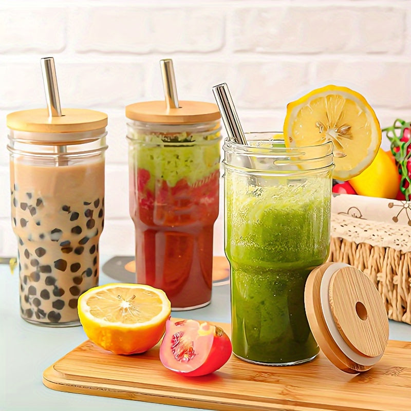 2pcs/4pcs Insulated Glass Cup Cold Drink Cup Slush Cold Drink Glass Straw Cup Water Cup Wooden Lid with Cup Cover Straw Straw Cleaner Home Cold Drink Party Beverage Accessories