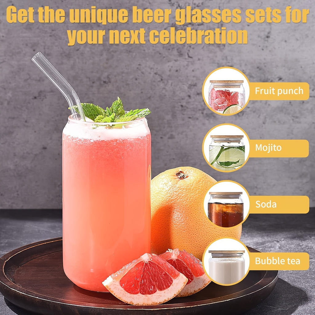8pcs, Glass Cup, Glass Cup with Lid And Straw, Mason Jar Drinking Cup, Iced Coffee Cup, Glass Cup with Bamboo Lid, Exquisite Water Cup, Reusable Straw Cup, Suitable for Family Gatherings, 18.7oz/550ml