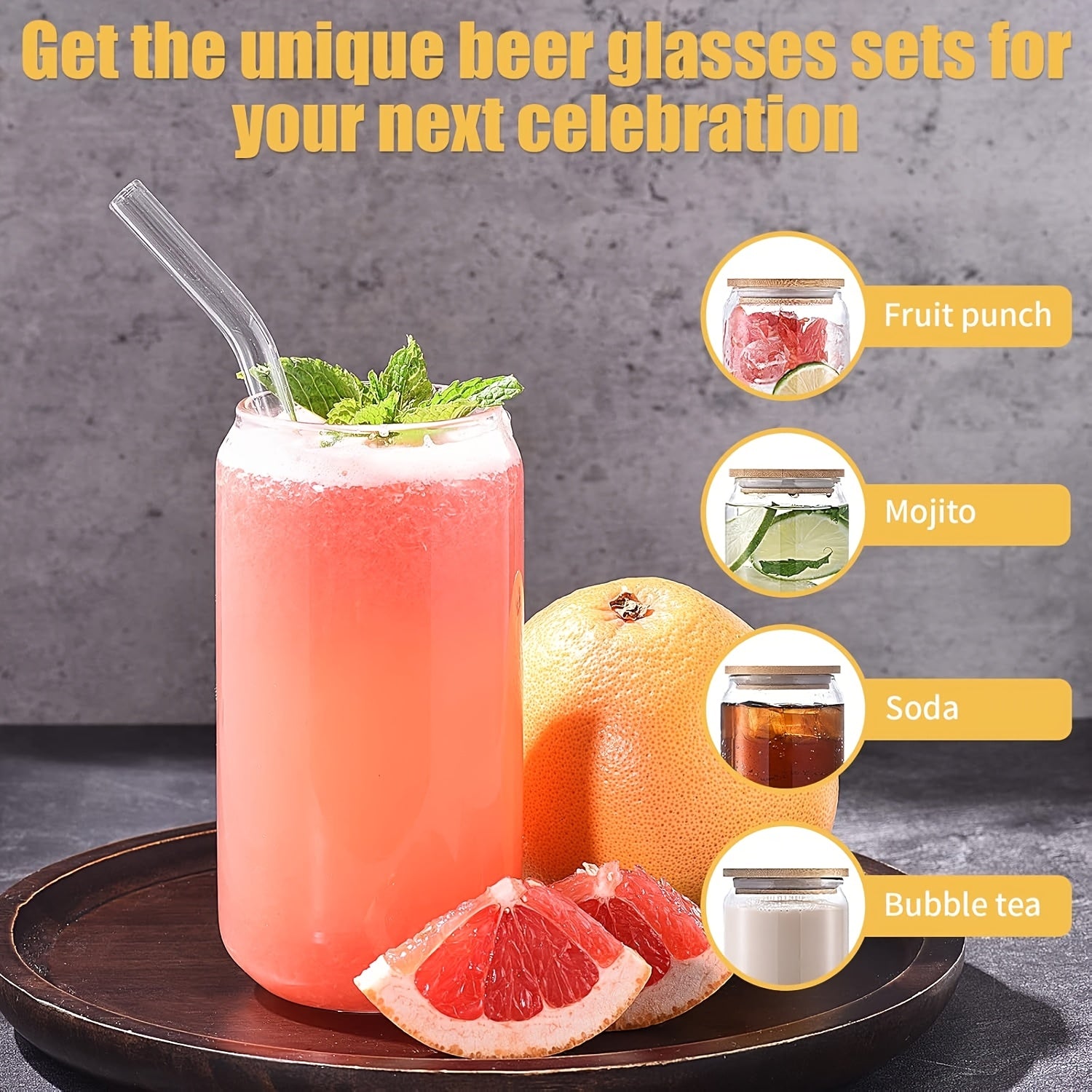 8pcs, Glass Cup, Glass Cup with Lid And Straw, Mason Jar Drinking Cup, Iced Coffee Cup, Glass Cup with Bamboo Lid, Exquisite Water Cup, Reusable Straw Cup, Suitable for Family Gatherings, 18.7oz/550ml