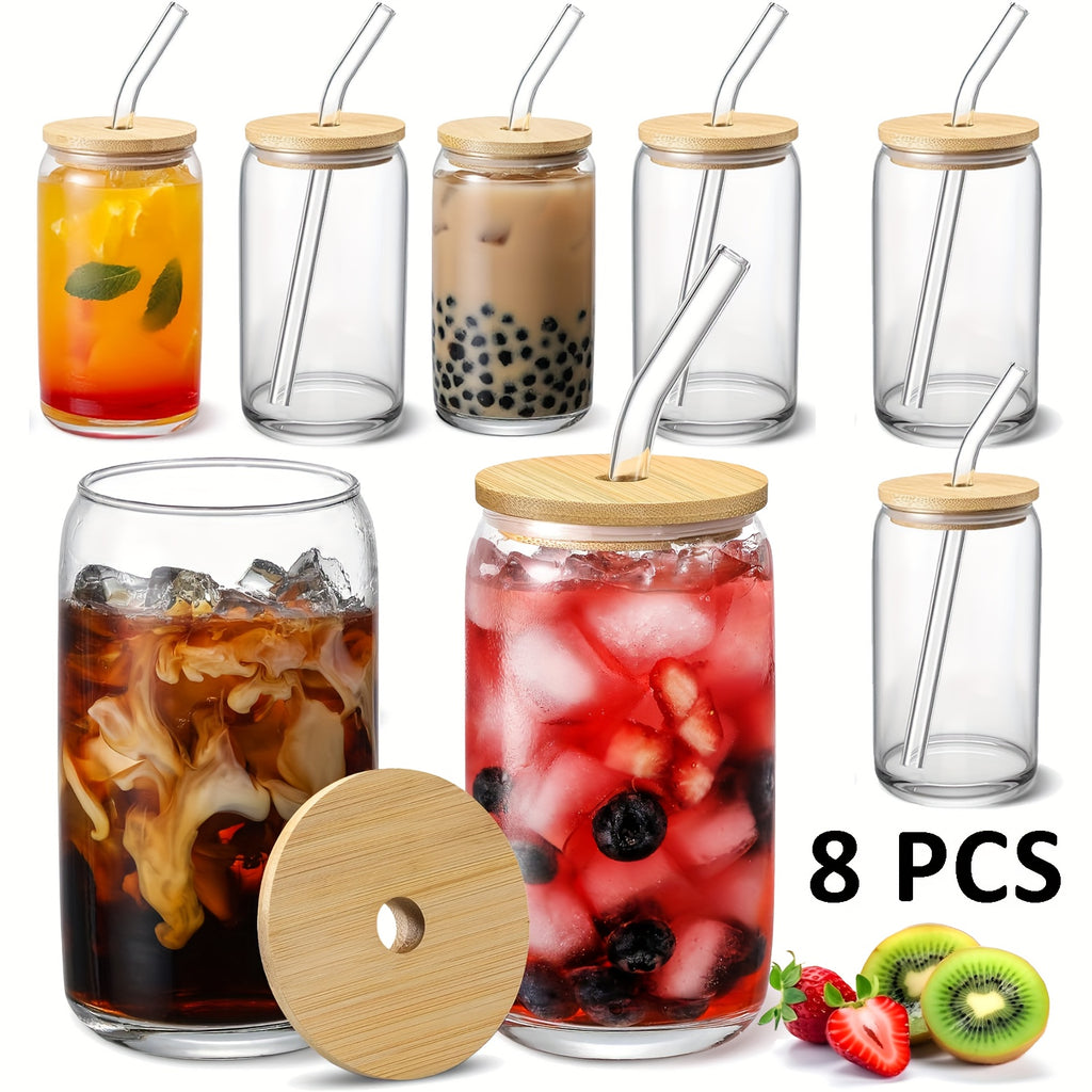 8 Glass Cup with Bamboo Lids And Straws, Jar Shaped Glass Cup, Iced Coffee Cup, Family Birthday Party Drinking Utensils, Cleaning Brushes Included, Suitable for Juice, Drinks, Tea, Milk Glass Cups Gift Sets