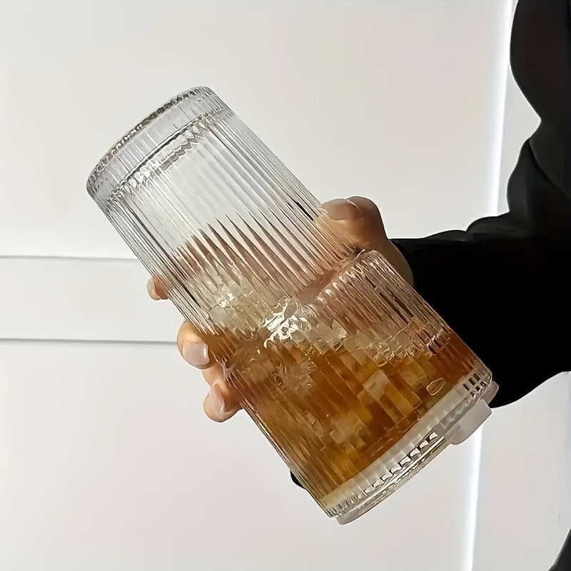 1pc 20.29oz Large Striped Glass Cup with Lid - Insulated, Reusable for Cold Drinks, Juice & Coffee - Ideal for Home, Office, and Holiday Gatherings, Hand Wash Only, Versatile Drinkware | Stylish Drinkware | Insulated Glass Cup