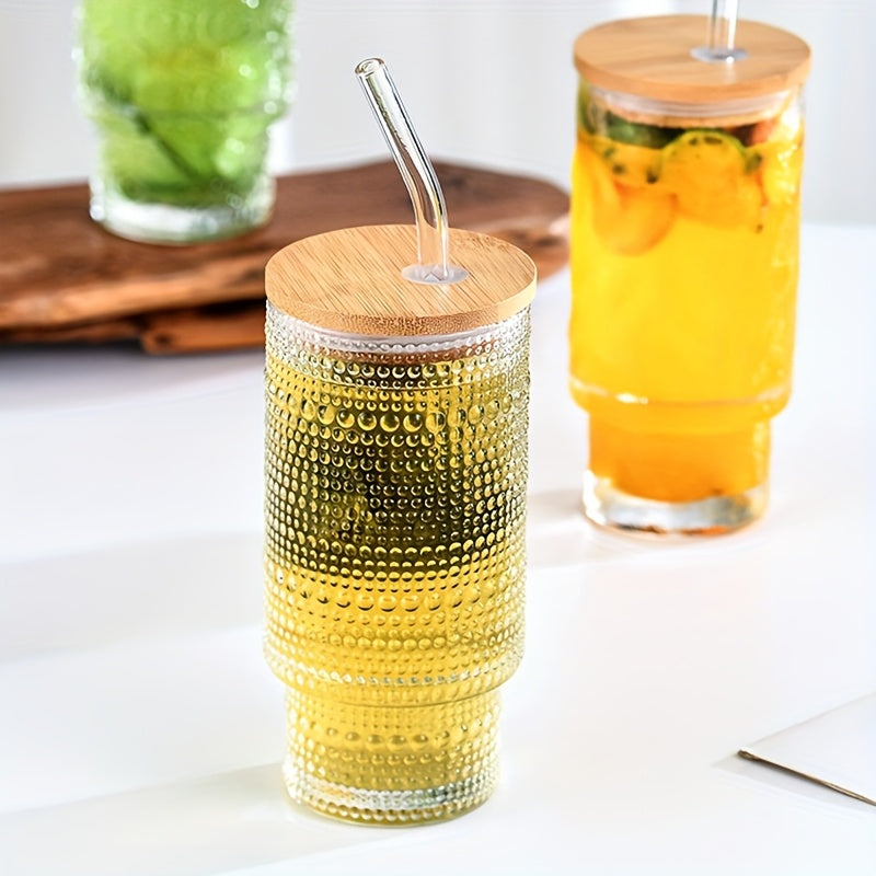 Glass Cups with Lids And Straws 4 Packs, Bamboo Mason Jar Valentines Party Drinking Jars Glasses, 11oz Beaded Glassware, Vintage Glassware Set, Embossed Vintage Drinking Glasses for Beer, Cocktail, Soda, Iced Coffee, Smoothie, Tea, Water
