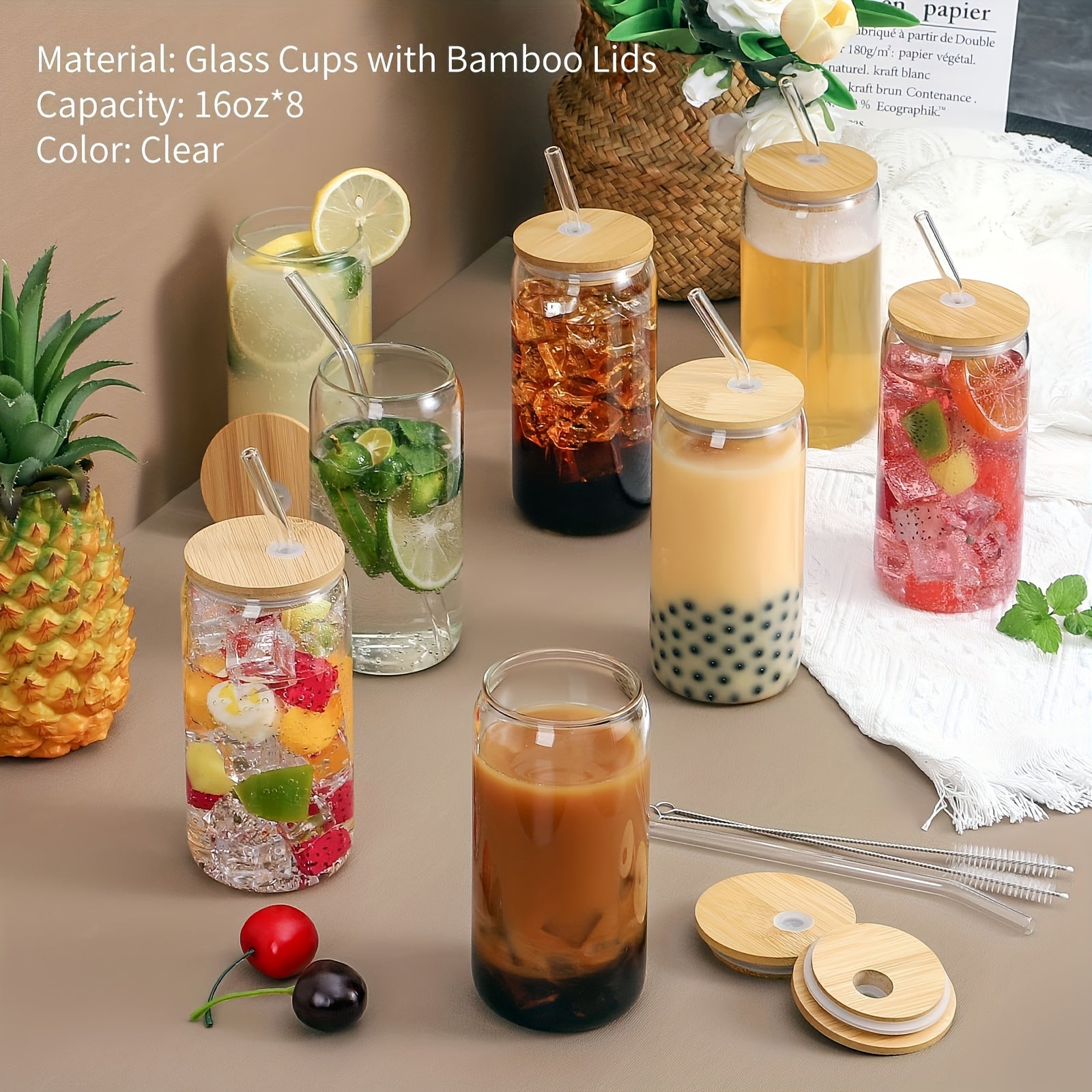 8 Glass Cup with Bamboo Lids And Straws, Jar Shaped Glass Cup, Iced Coffee Cup, Family Birthday Party Drinking Utensils, Cleaning Brushes Included, Suitable for Juice, Drinks, Tea, Milk Glass Cups Gift Sets