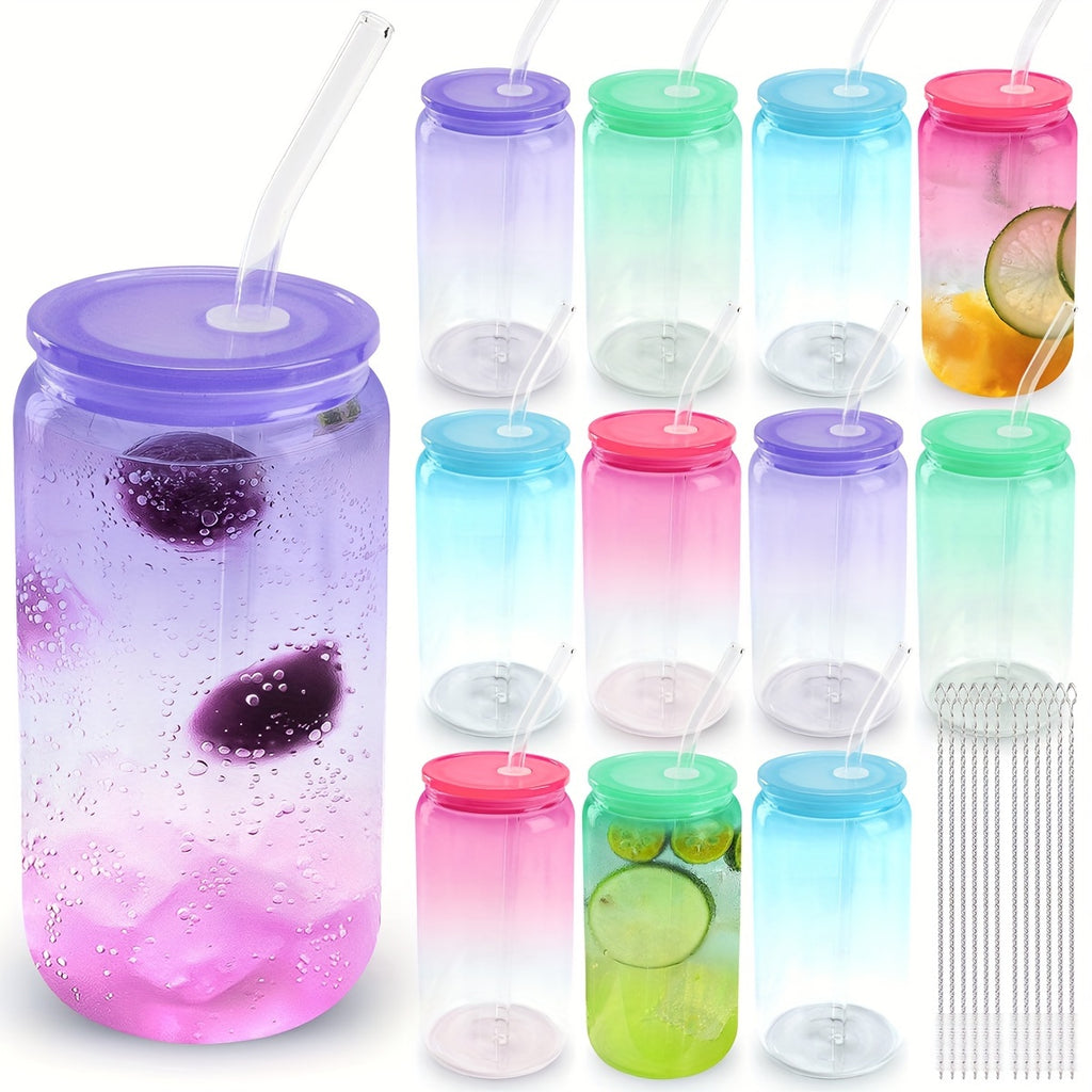 12 Packs 16 Oz Glass Cups With Acrylic Lids And Straws Can Shaped Glass Iced Coffee Cups With Lids, Gradient Drinking Glasses Cute Tumbler Cup Great For Smoothie Soda Boba Tea Cocktail Beer Gift