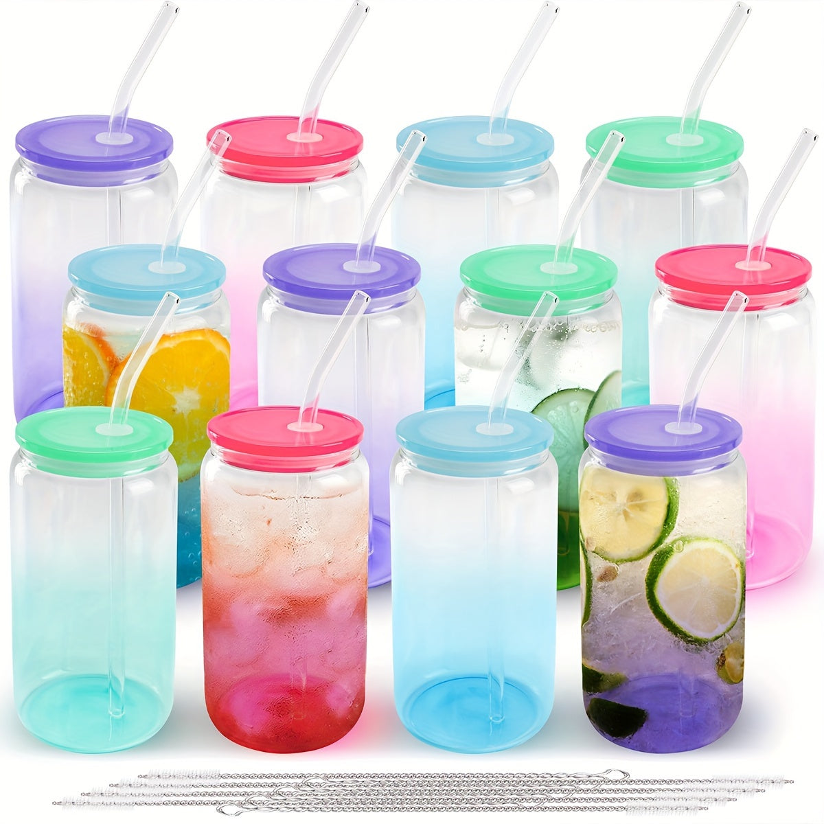 12 Packs 16 Oz Glass Cups With Acrylic Lids And Straws Can Shaped Glass Iced Coffee Cups With Lids, Gradient Drinking Glasses Cute Tumbler Cup Great For Smoothie Soda Boba Tea Cocktail Beer Gift