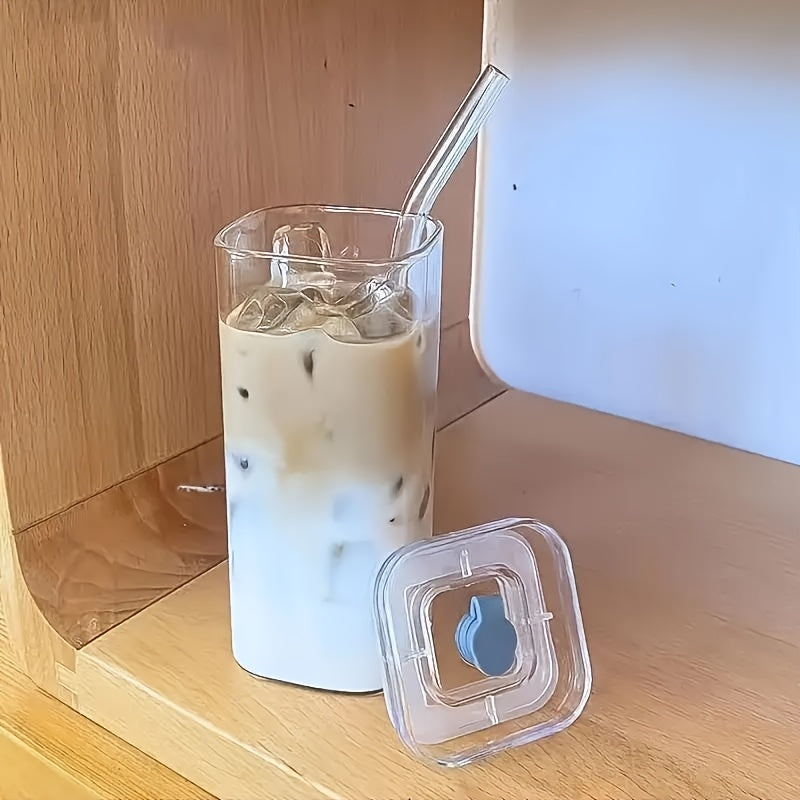 2pcs Square Glass Mug with Lid, Portable Drinking Mug, Perfect Coffee Mug, Includes Glass Lid/Straw, Gift for Mug Collectors, Father'S Day Mug, Great for Office, Home, School And Outdoor Use!, Best for Christmas