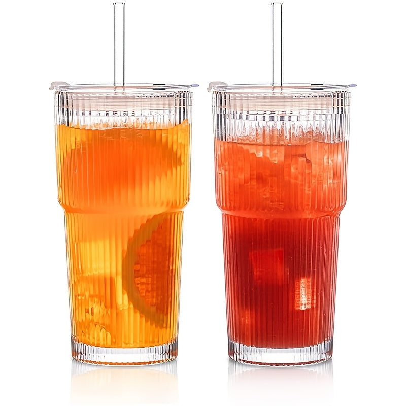 Glassware Set of 2, 600ml/20oz Ribbed Glass Barrel with Lid and Glass Straw, Thickened Glass, Perfect for Iced Coffee, Smoothies, Cocktails and Juices - Elegant and Durable Beverage Vessels