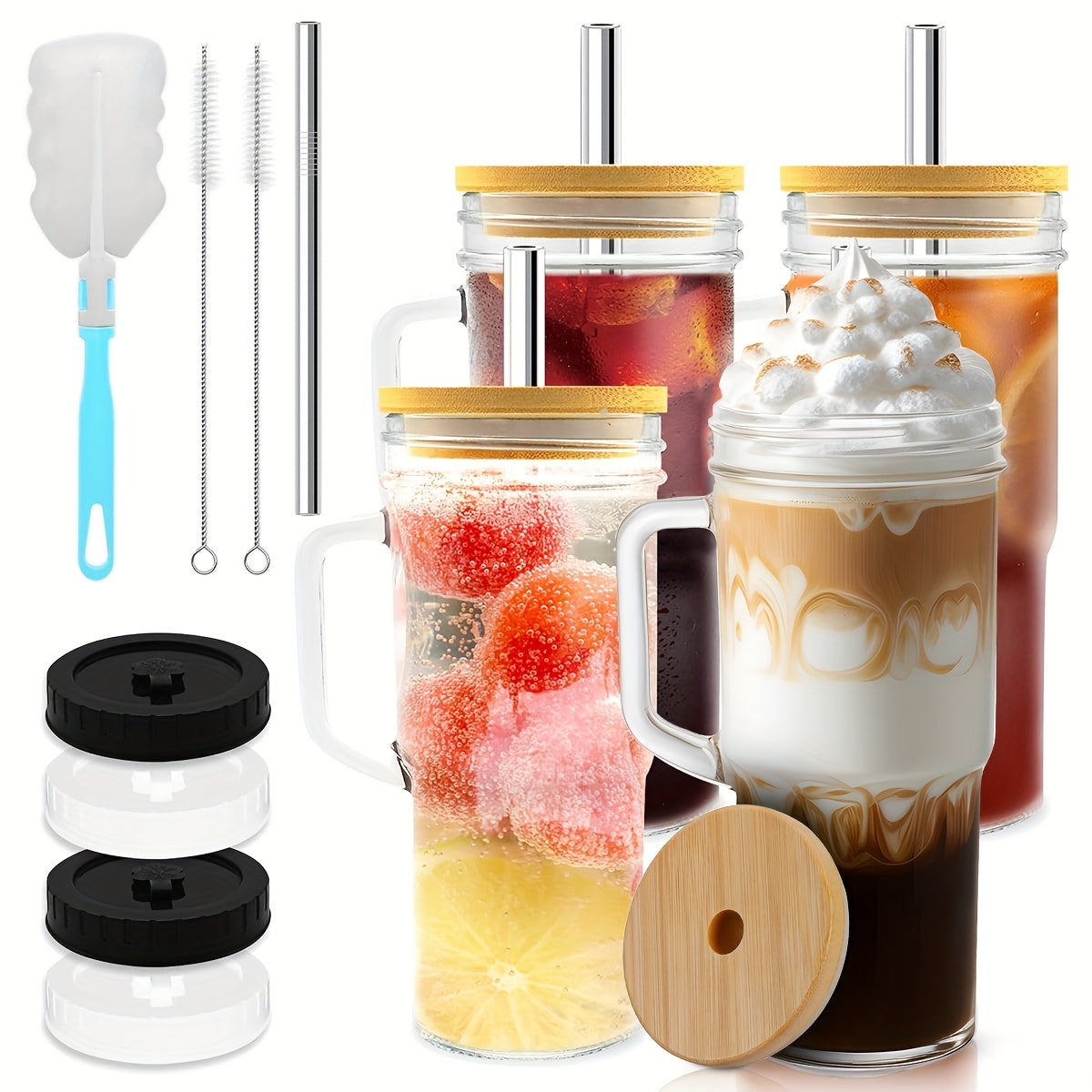2pcs/4pcs Glass Cups With Lids And Straws, 24 Oz Mason Jar Drinking Glasses Tumbler With Handle, Brush, Reusable Iced Coffee Cups, Boba Tea Smoothie Cups Mother'S Day Gifts
