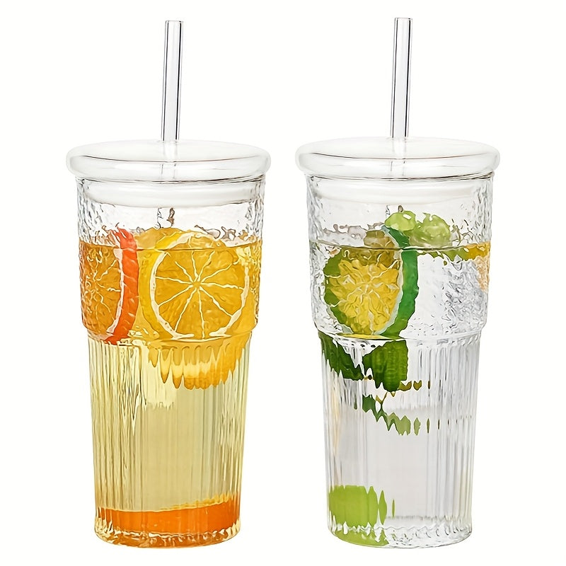 2pcs, 22oz/650ml, with lid, straw and straw brush, ribbed glass cup, reusable, wide mouth smoothie cup, thick wall glass ice coffee cup, tea cup, juice cup, also a great holiday gift, Christmas, anniversary, housewarming party gifts for family and friends