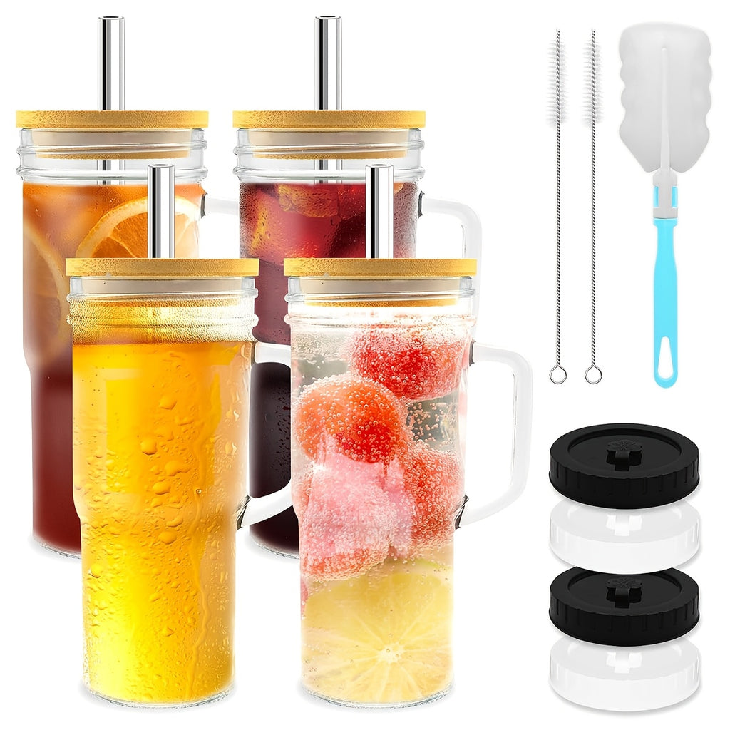 2pcs/4pcs Glass Cups With Lids And Straws, 24 Oz Mason Jar Drinking Glasses Tumbler With Handle, Brush, Reusable Iced Coffee Cups, Boba Tea Smoothie Cups Mother'S Day Gifts
