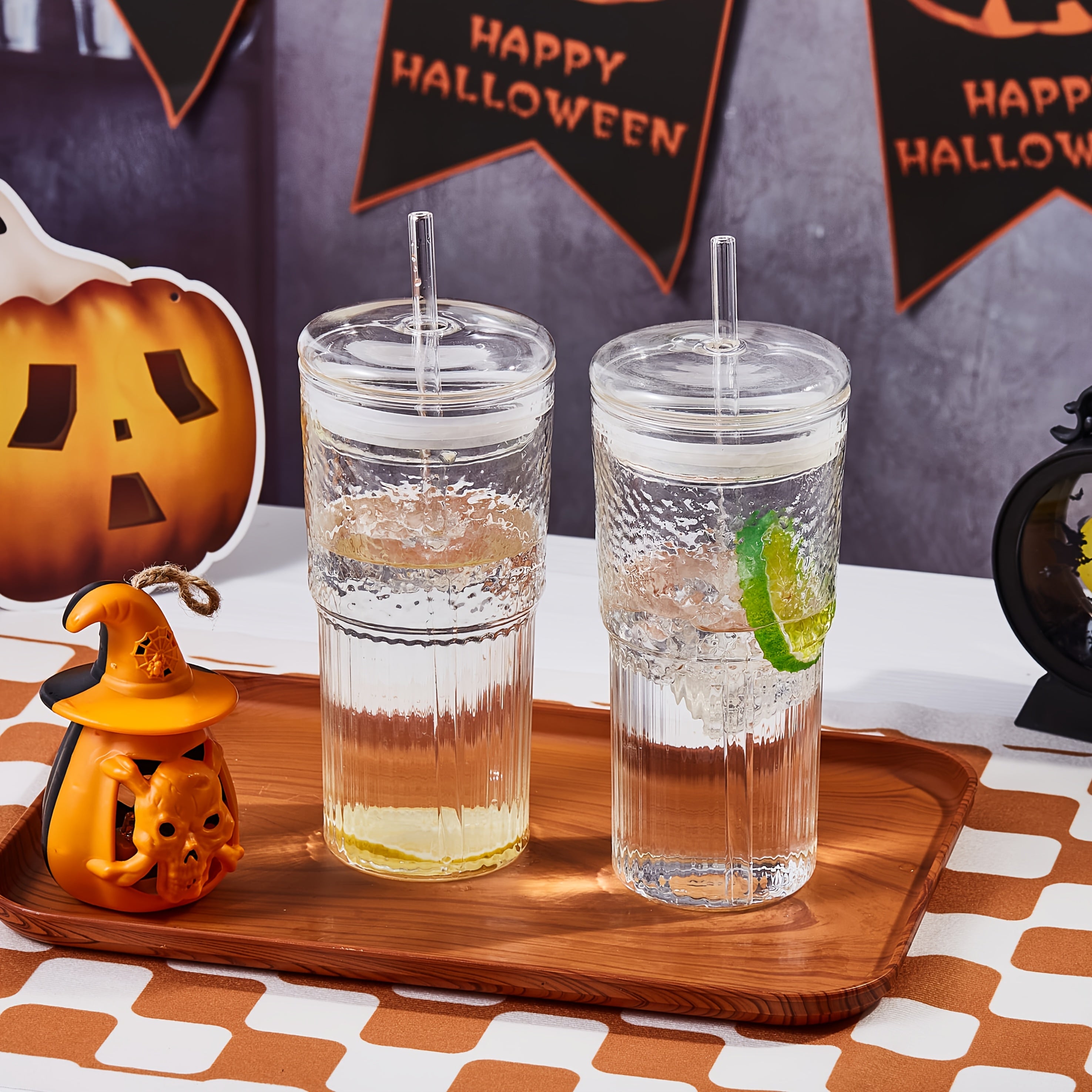 2pcs, 22oz/650ml, with lid, straw and straw brush, retro and modern embossed design, easy to clean, dishwasher safe, reusable glass wide mouth smoothie cup, thick wall Glass ice coffee mug, suitable for cold drinks, hot drinks, tea and other beverages,