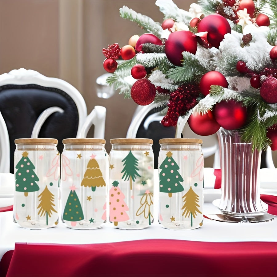 4pcs, 550ml Christmas Tree Glass With Lid And Straw, Home Office Cup, Tea, Beer, Cola, Milk Cup