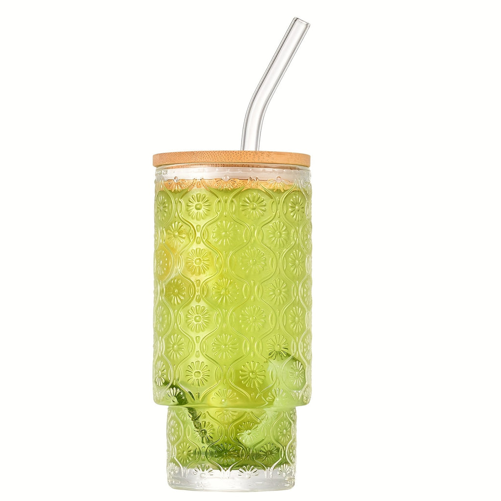 Glass Cups with Lids And Straws 4 Packs, Bamboo Mason Jar Valentines Party Drinking Jars Glasses, 11oz Beaded Glassware, Vintage Glassware Set, Embossed Vintage Drinking Glasses for Beer, Cocktail, Soda, Iced Coffee, Smoothie, Tea, Water