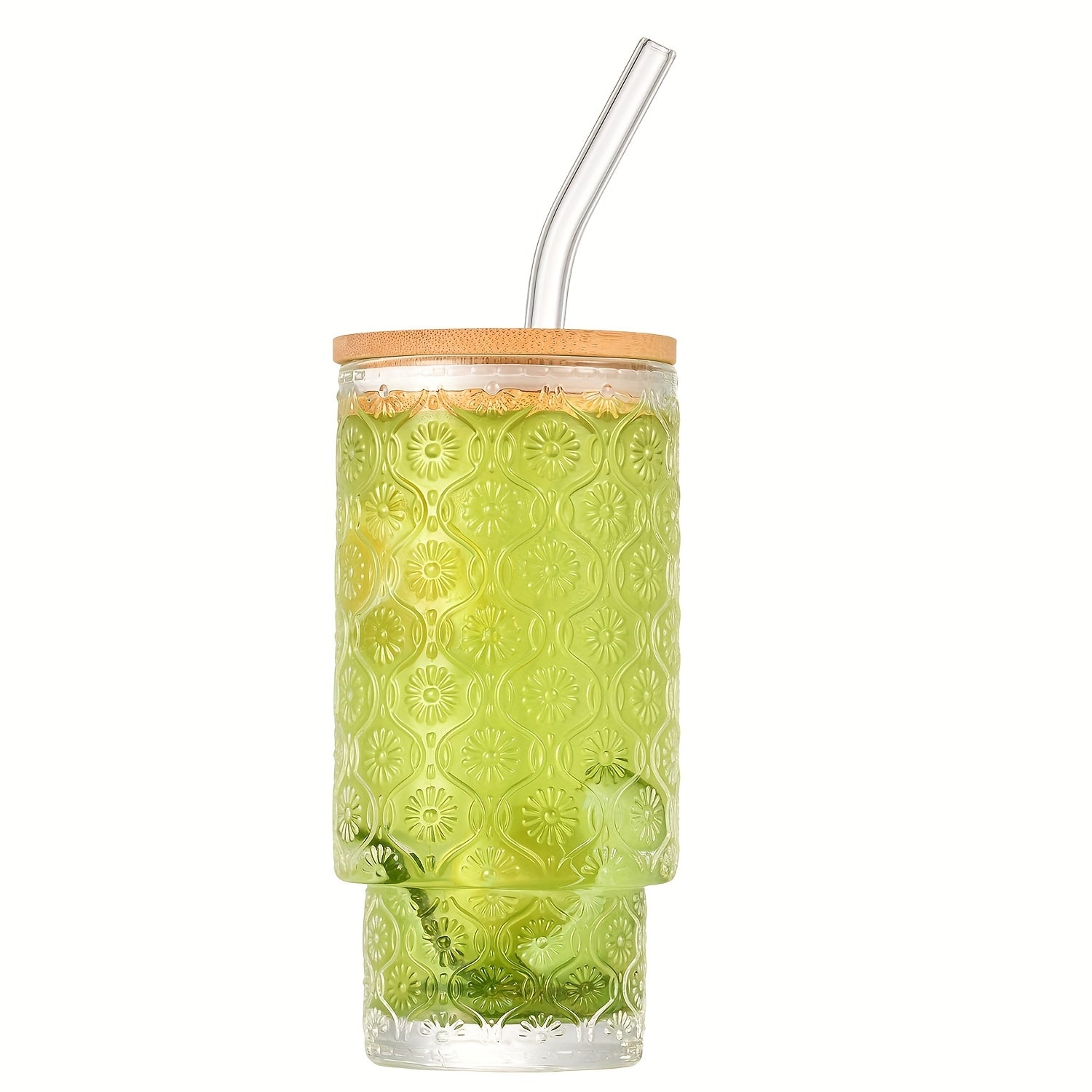 Glass Cups with Lids And Straws 4 Packs, Bamboo Mason Jar Valentines Party Drinking Jars Glasses, 11oz Beaded Glassware, Vintage Glassware Set, Embossed Vintage Drinking Glasses for Beer, Cocktail, Soda, Iced Coffee, Smoothie, Tea, Water