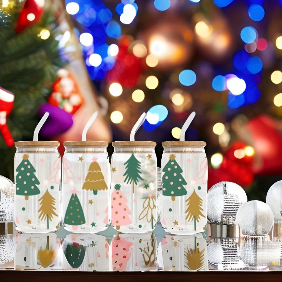 4pcs, 550ml Christmas Tree Glass With Lid And Straw, Home Office Cup, Tea, Beer, Cola, Milk Cup