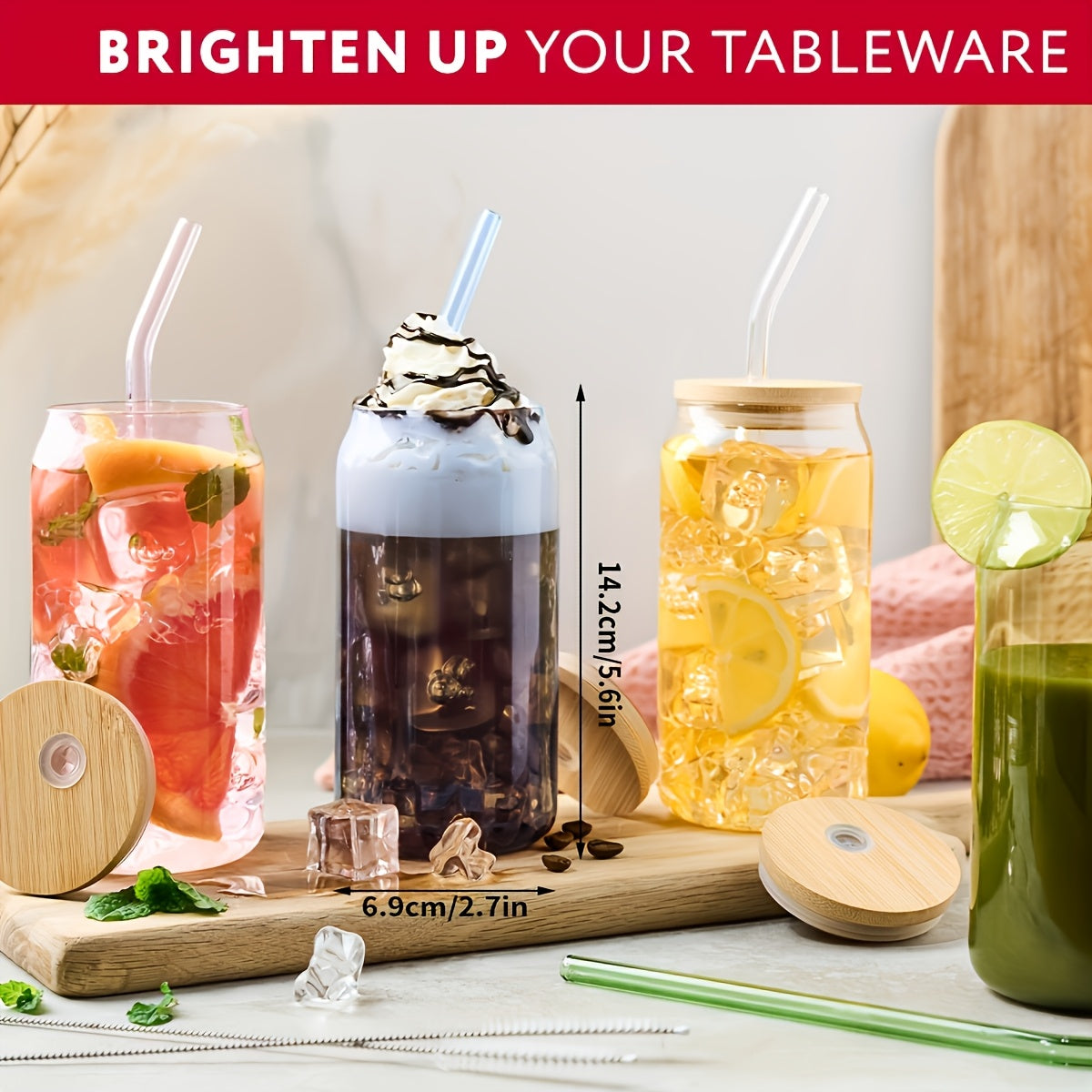 14pcs Set of Colorful Glasses with Lids, Straws, and Brushes - Reusable, Freezer-Safe, Ideal for Hot and Cold Beverages, Perfect for Parties and Gatherings, Party Drinkware | Vibrant Glasses | Durable Glassware, Glasses for Drinks