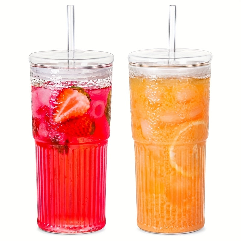2pcs 20oz High Borosilicate Glass Espresso Cups with Lids, Straws & Brush - Vertical Stripe Design, Perfect for Iced Americano & Latte, High-Quality, Ideal Holiday Gift