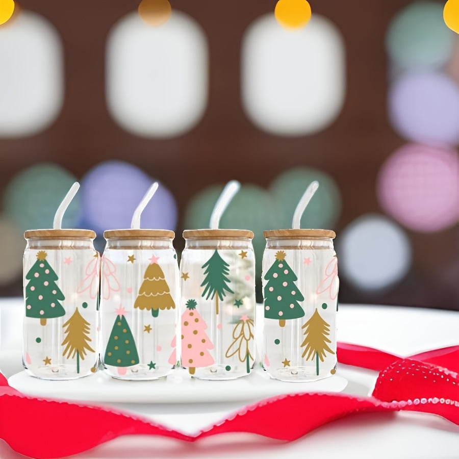 4pcs, 550ml Christmas Tree Glass With Lid And Straw, Home Office Cup, Tea, Beer, Cola, Milk Cup
